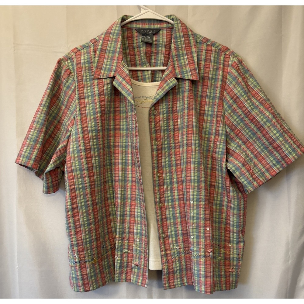 KORET Faux 2-Fer Pullover Blouse Button Up Plaid PXL